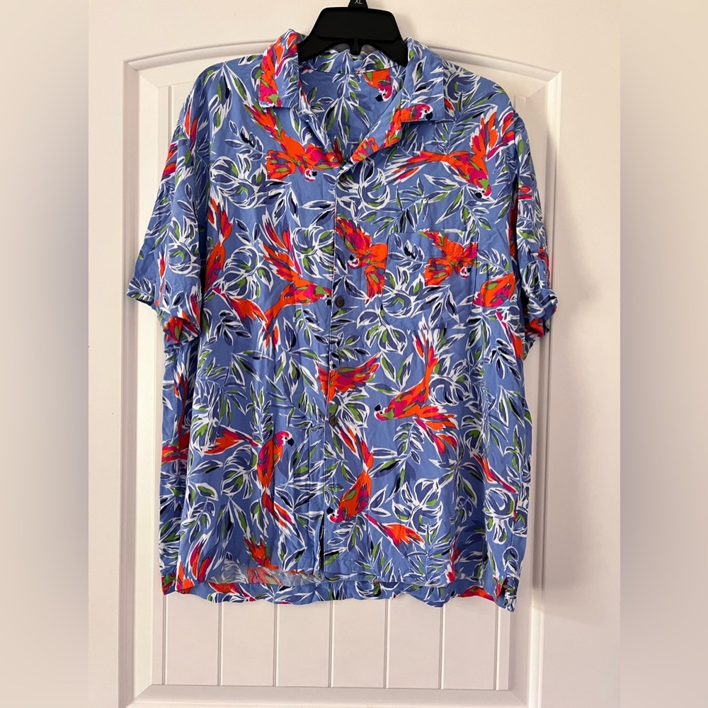 George Hawaiian Shirt Mens Large (42-44) Blue Parrots Floral Tropical Bird